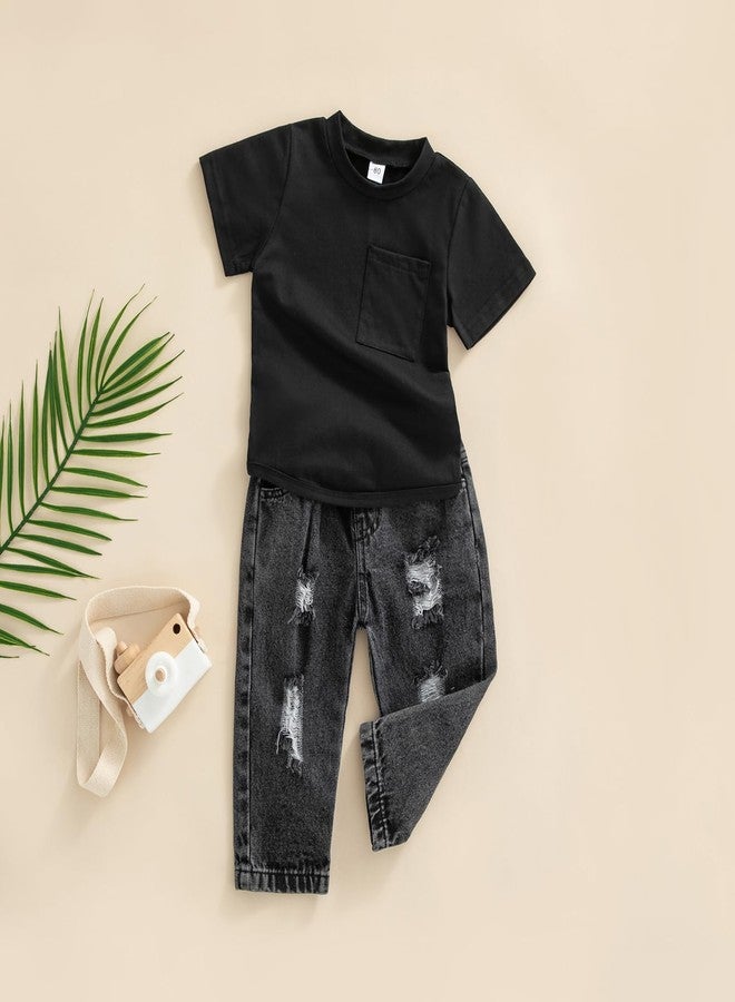 BHMAWSRT Toddler Baby Clothes Boy Solid Color Short Sleeve T-Shirt Tops + Jeans Pants 2 Pieces Spring Outfits (Black, 18-24 Months) - Image 3