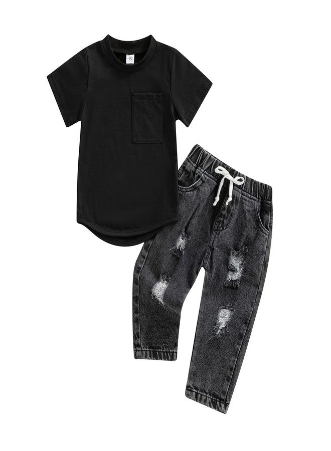 BHMAWSRT Toddler Baby Clothes Boy Solid Color Short Sleeve T-Shirt Tops + Jeans Pants 2 Pieces Spring Outfits (Black, 18-24 Months) - Image 1