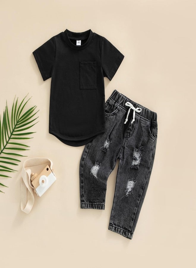 BHMAWSRT Toddler Baby Clothes Boy Solid Color Short Sleeve T-Shirt Tops + Jeans Pants 2 Pieces Spring Outfits (Black, 18-24 Months) - Image 2