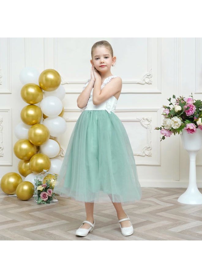 Sunny Fashion - Girls Dress Green Lace Tulle Hollow Back Halter Elegant Bridesmaid Size 7 - Image 1