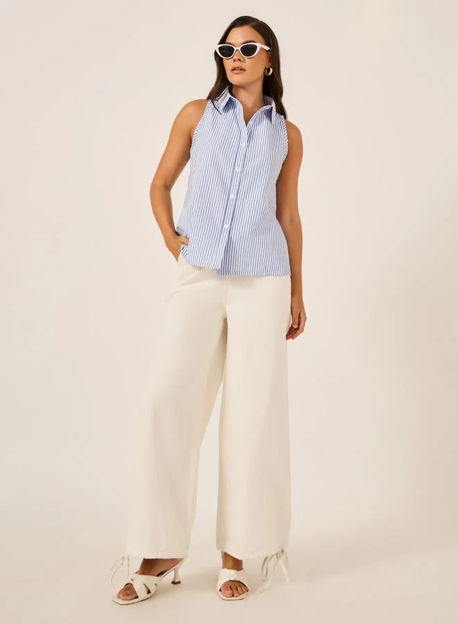 تايك تو Take Two Striped Sleeveless Spread Collar Blouse