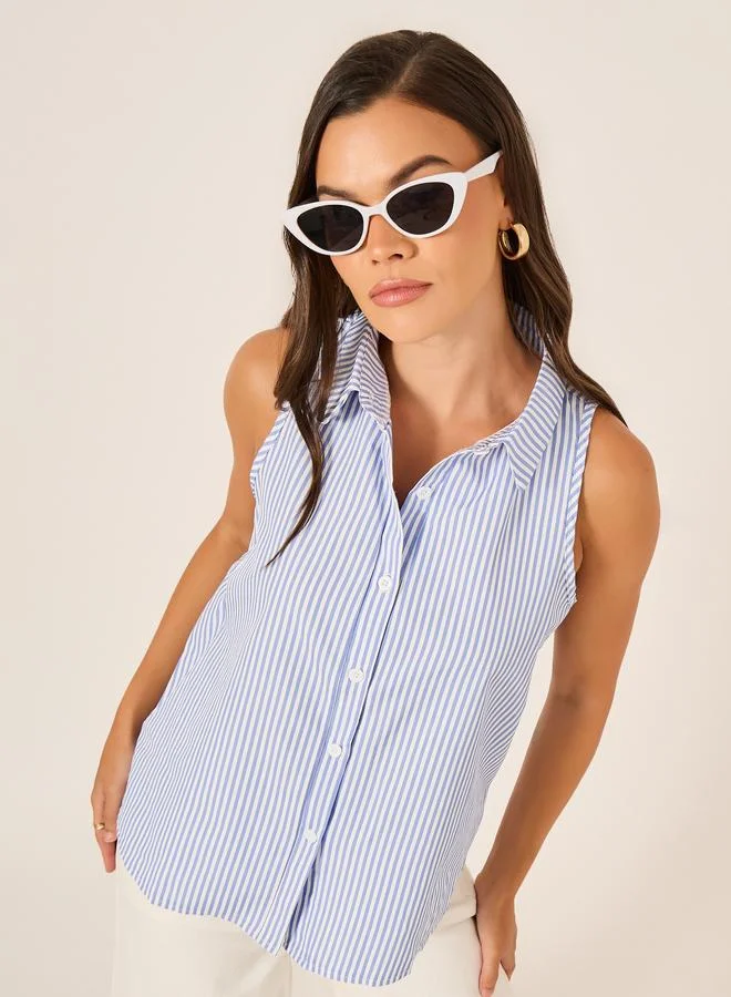 تايك تو Take Two Striped Sleeveless Spread Collar Blouse