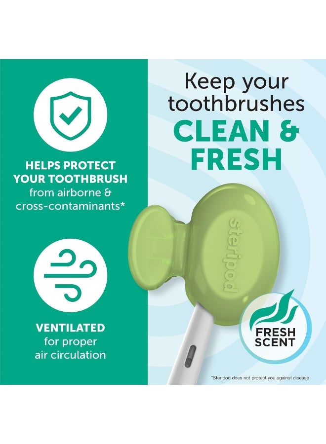 Steripod حامي فرشاة الأسنان ستيريبود القابل للتعليق يحافظ على فرشاة الأسنان نظيفة ومنعشة يناسب معظم فرش الأسنان اليدوية والكهربائية أزرق أخضر شفاف 4 قطع - Image 3