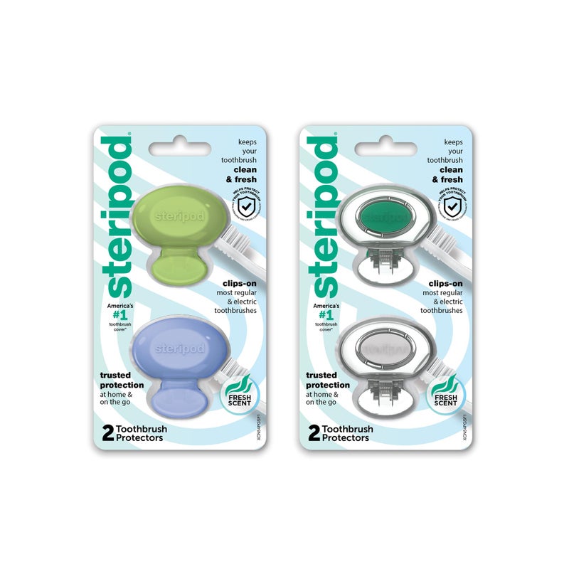 Steripod حامي فرشاة الأسنان ستيريبود القابل للتعليق يحافظ على فرشاة الأسنان نظيفة ومنعشة يناسب معظم فرش الأسنان اليدوية والكهربائية أزرق أخضر شفاف 4 قطع - Image 1