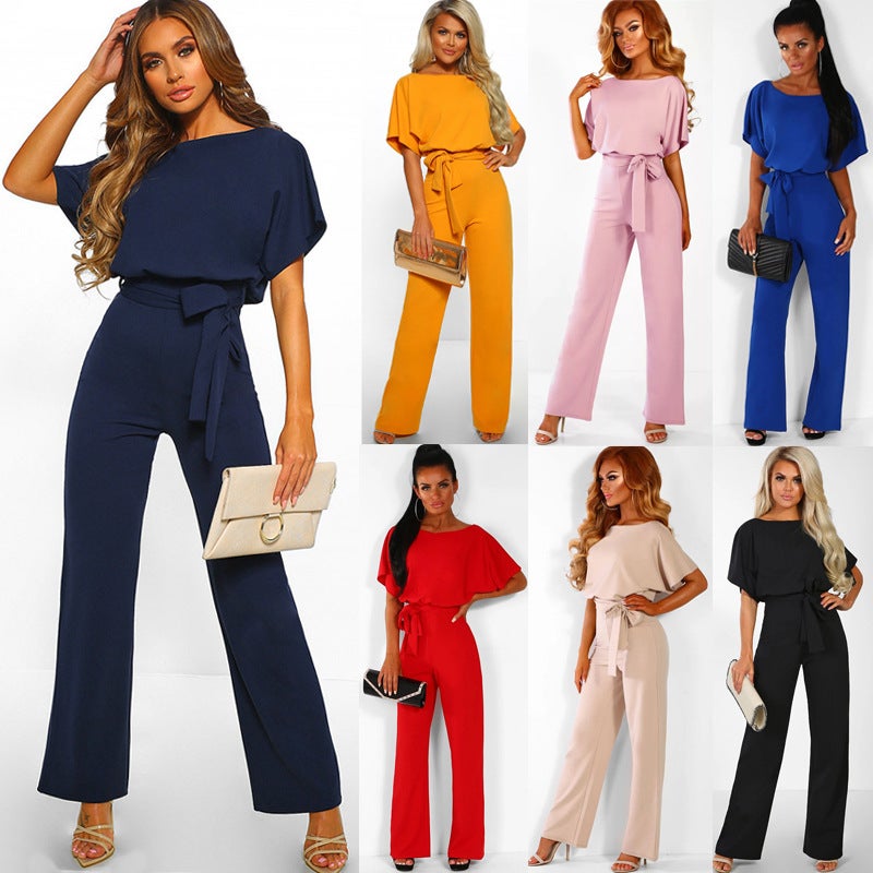 Women's Summer Button Tie Short Sleeve Jumpsuit - Image 1