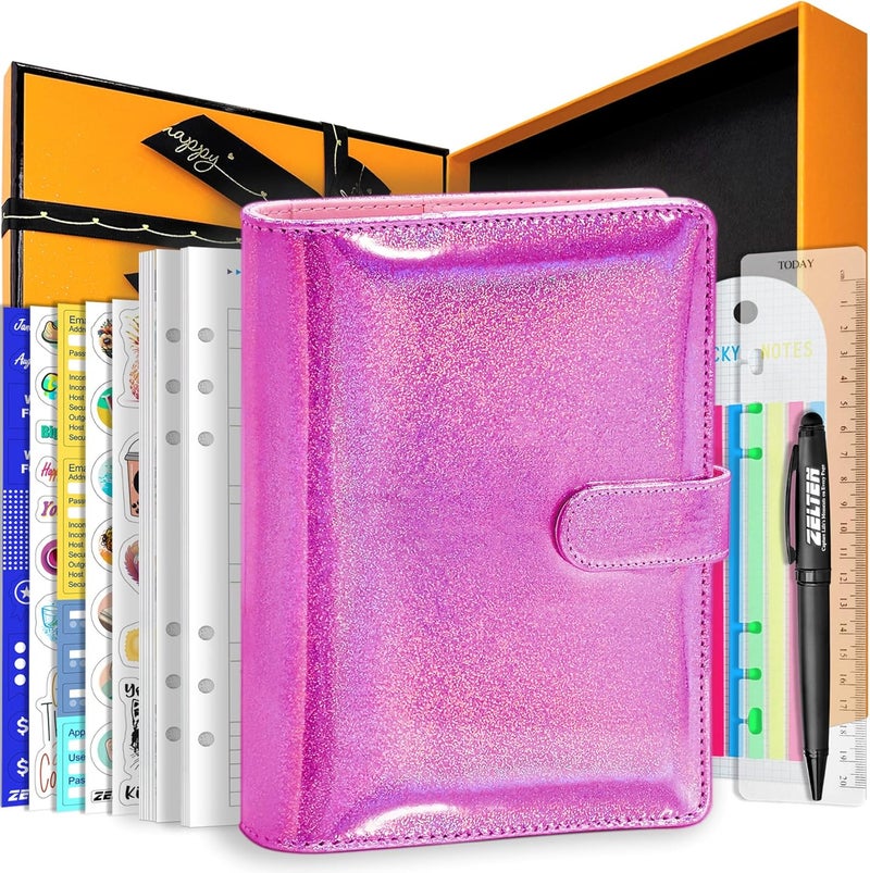 Zelten PU Leather Personal Notebook Planner with 67 Pages Loose-Leaf Papers 6 Holes Ring Binder Pen Holder Magnetic Buckle (Magenta Glitter,A5 Gift Box) - Image 1