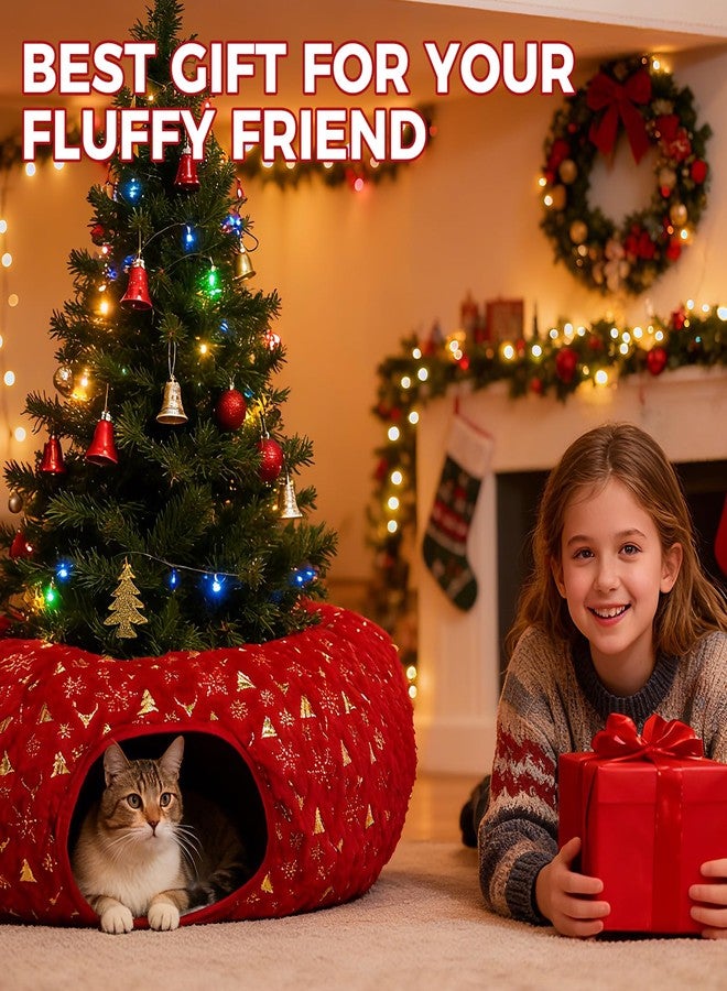 اتش او ام آي أم بي نفق قطط هوميب لعيد الميلاد للاستخدام الداخلي مع ربطة عنق، ملعب أنبوبي كبير على شكل شجرة عيد الميلاد للقطط مع وسادة دائرية قابلة للغسل ولعبة كرة قطيفة، لعبة كهف دائرية للحيوانات الأليفة للقطط/الجراء/الأرانب، أحمر - Image 3