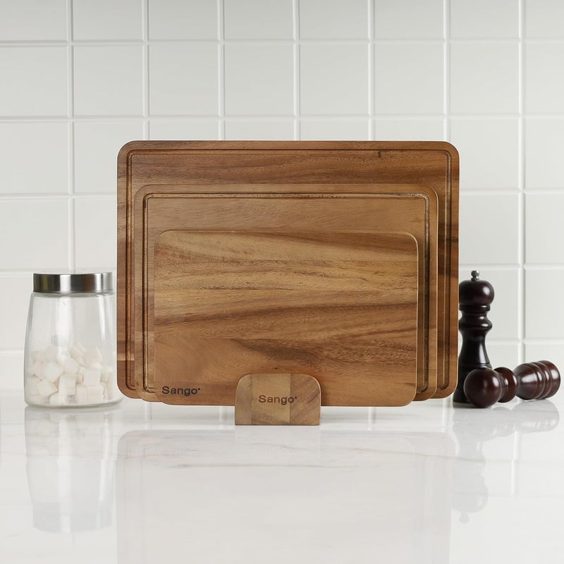 Sango Acacia Cutting Board Set with Juice Grooves and Stand, 3-Piece- Wood Chopping Boards, Stackable & Reversible for Kitchen, Non-Toxic, Perfect as Butcher Block Countertop, Atelier - Image 1