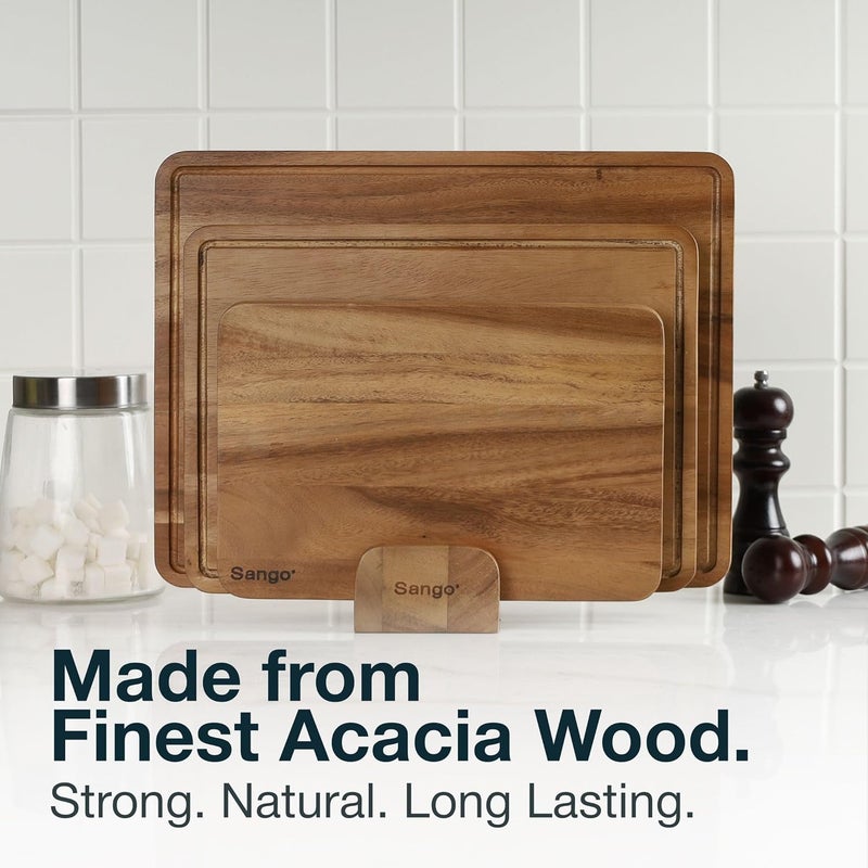 Sango Acacia Cutting Board Set with Juice Grooves and Stand, 3-Piece- Wood Chopping Boards, Stackable & Reversible for Kitchen, Non-Toxic, Perfect as Butcher Block Countertop, Atelier - Image 5