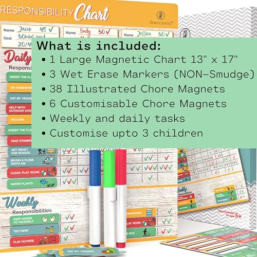 OWLCONIC Premium Large Magnetic Chore Chart for Kids Multiple Kids - Chore Board - Behavior Tracker at Home - Reward Board - Daily Responsibility Schedule - Teens Incentive Routine - Magnetic for Refrigerator - Image 2