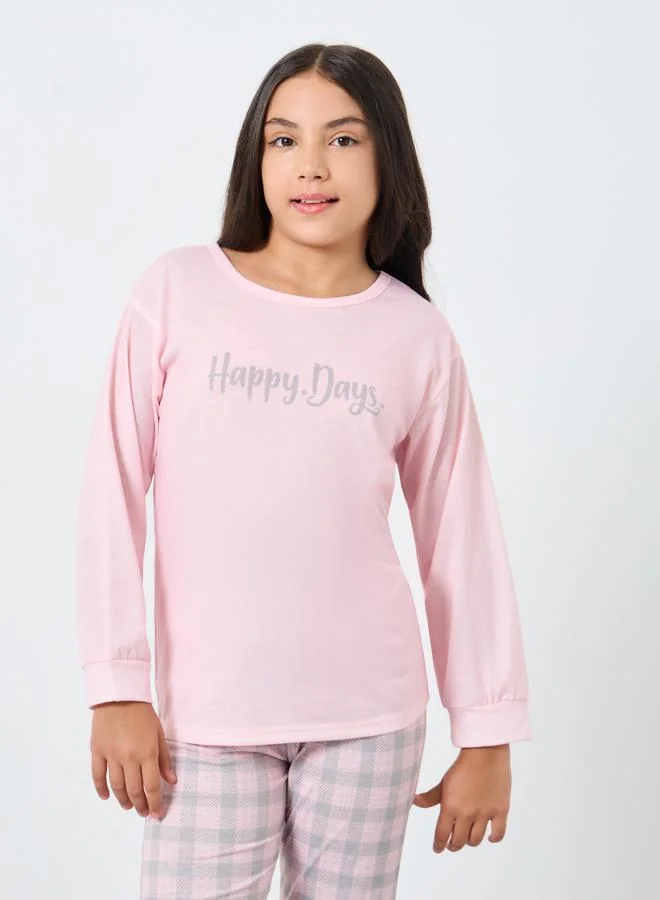 Styli Styli Teen Pink Top and Checkered Pyjama Set