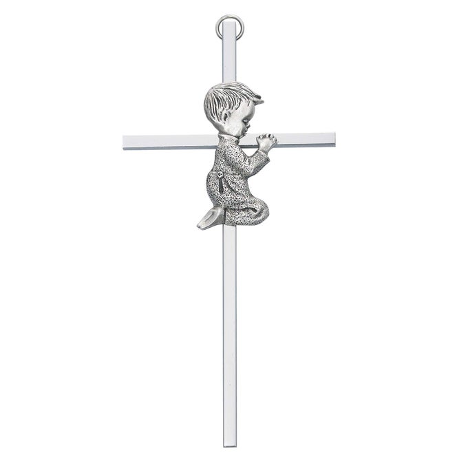 SILVER TONE CROSS WITH PRAYING BOY 6 INCH