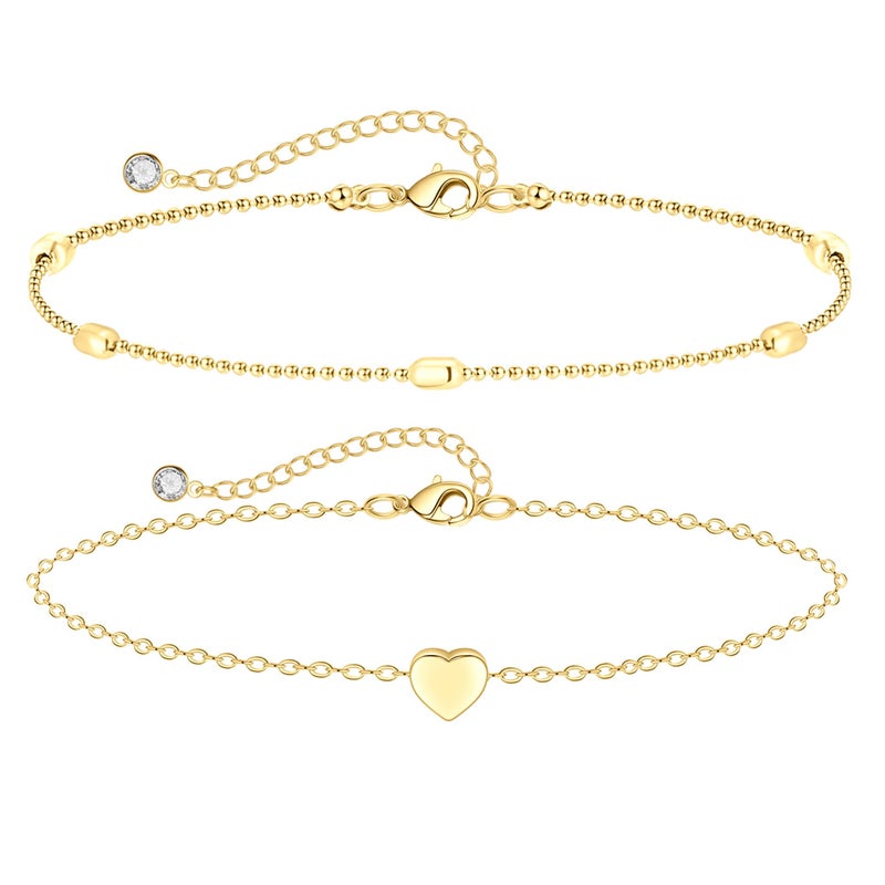 MIDEEO Gold/Silver Ankle Bracelets for Women,14K Gold Anklets for Women Waterproof Cuban Link Heart Beads Herringbone Rhinestone Anklets Set Layered Anklet Bracelets for Women Gold Jewelry Gift - Image 1