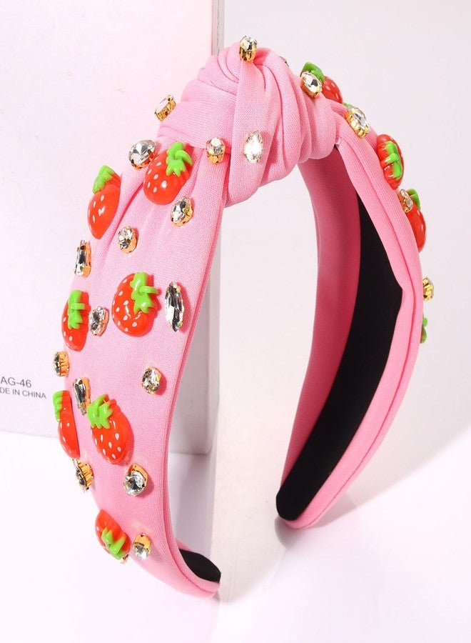 مولوك طوق رأس مولوخ بنقشة الفراولة للنساء، طوق رأس صيفي بنكهة الفواكه، طوق شعر وردي استوائي مزين بعقدة فراولة، طوق شعر مرصع بالكريستال، إكسسوارات شعر صيفية للشاطئ، غطاء رأس - Image 2