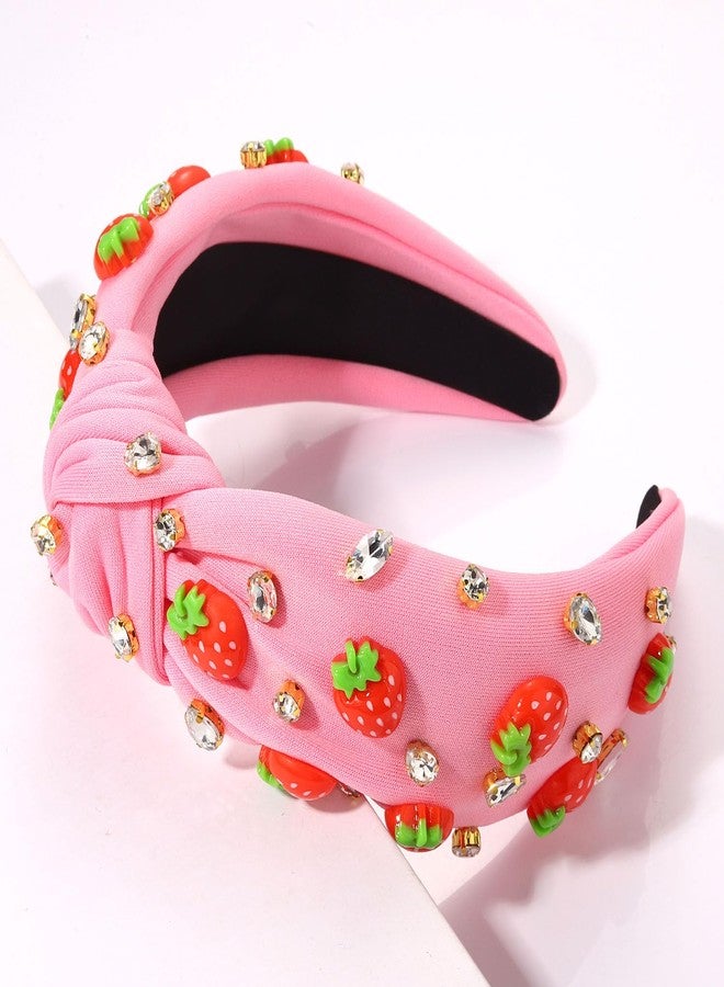 مولوك طوق رأس مولوخ بنقشة الفراولة للنساء، طوق رأس صيفي بنكهة الفواكه، طوق شعر وردي استوائي مزين بعقدة فراولة، طوق شعر مرصع بالكريستال، إكسسوارات شعر صيفية للشاطئ، غطاء رأس - Image 3