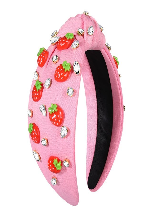 مولوك طوق رأس مولوخ بنقشة الفراولة للنساء، طوق رأس صيفي بنكهة الفواكه، طوق شعر وردي استوائي مزين بعقدة فراولة، طوق شعر مرصع بالكريستال، إكسسوارات شعر صيفية للشاطئ، غطاء رأس - Image 1