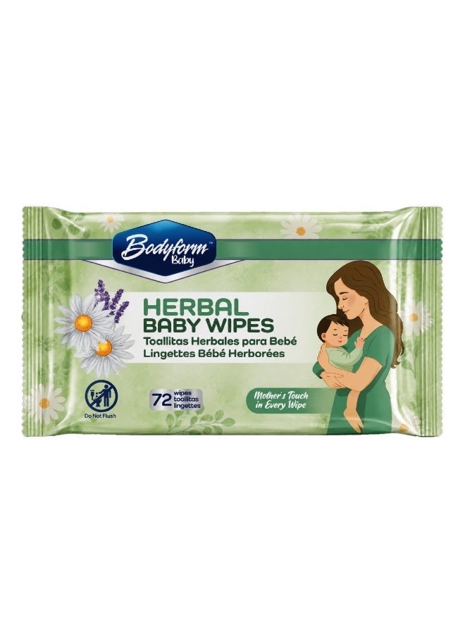 Bodyform Baby Herbal Baby Wipes, 72 Count — Made with Lavender Oil & Tea Tree Oil, Alcohol-Free & Paraben-Free, Soft & Thick Wipes, Gentle Cleansing for Hands, Face & Bottom - Image 1