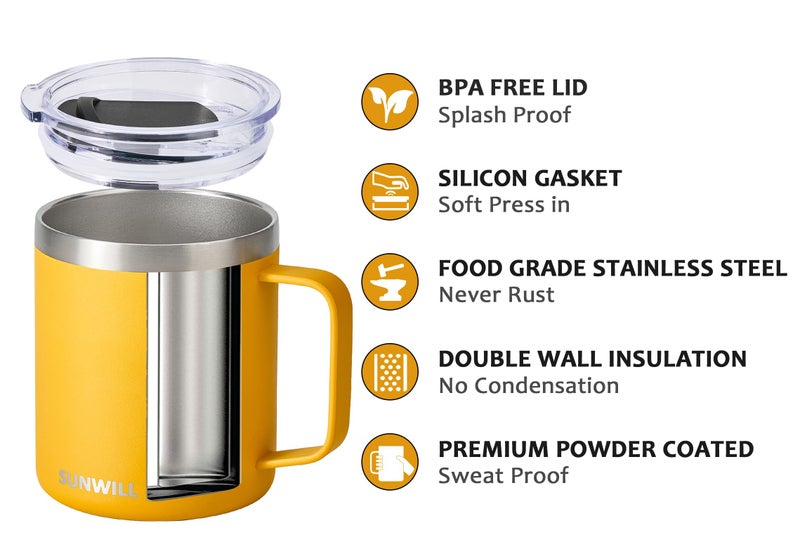 SUNWILL Insulated Coffee Mug with Lid, Travel Tumbler with Handle, 14 oz Stainless Steel Cup for Camping, Office, Home, Powder Coated Yellow - Image 2