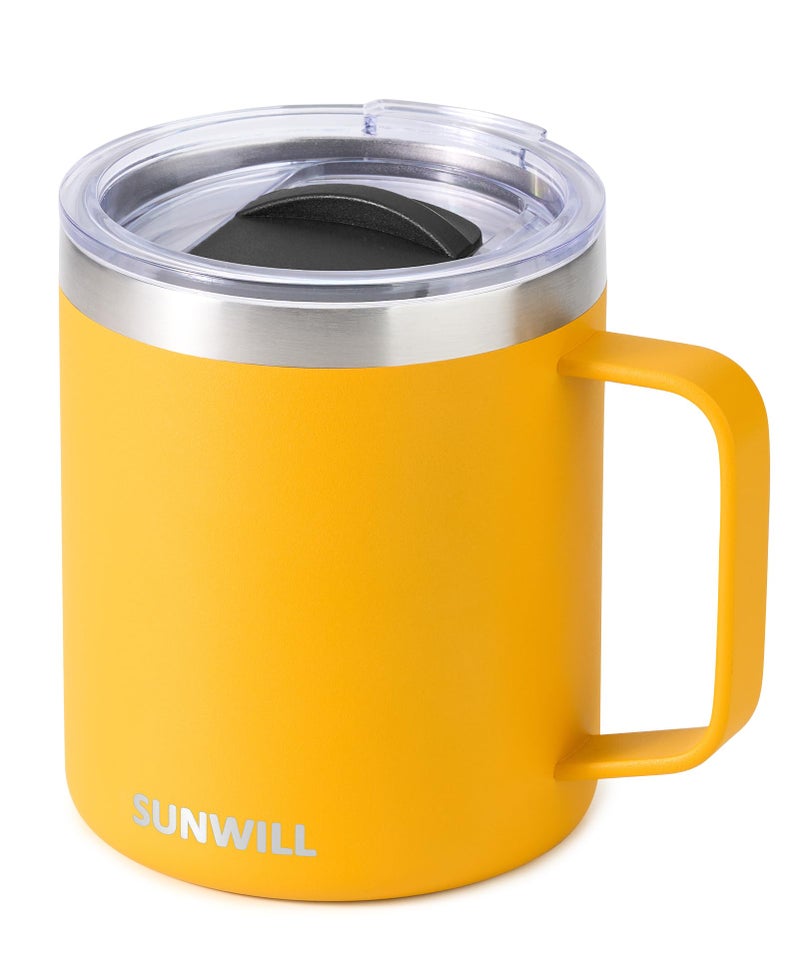 SUNWILL Insulated Coffee Mug with Lid, Travel Tumbler with Handle, 14 oz Stainless Steel Cup for Camping, Office, Home, Powder Coated Yellow - Image 1