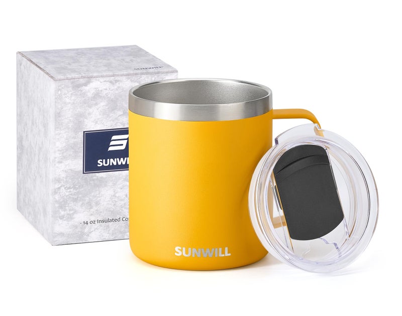 SUNWILL Insulated Coffee Mug with Lid, Travel Tumbler with Handle, 14 oz Stainless Steel Cup for Camping, Office, Home, Powder Coated Yellow - Image 5