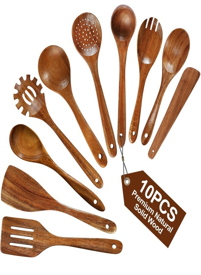 Pleafind Natural Solid Wooden Utensil Set - 10 Pcs, Non-stick Wooden Spoons for Cooking, Soft Comfort-Grip Wooden Cooking Utensils Set, Wood Kitchen Utensil Set for Non-Stick Cookware - Image 1