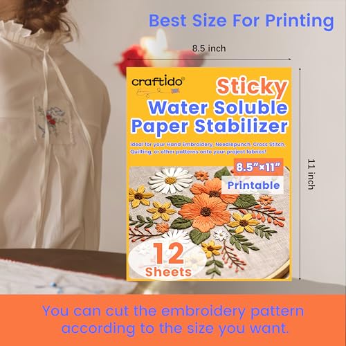 Craftido 8.5"x11" 12PCS Sticky Water Soluble Embroidery Stabilizer Printable Dissolving Paper Medium Weight Allowed for Print or Draw Patterns Best for Hand & Machine Embroidery - Image 2
