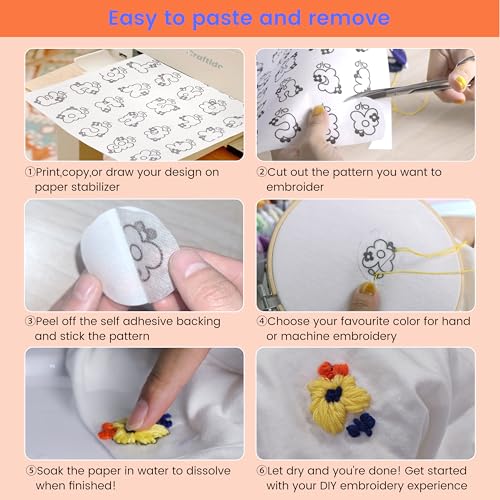 Craftido 8.5"x11" 12PCS Sticky Water Soluble Embroidery Stabilizer Printable Dissolving Paper Medium Weight Allowed for Print or Draw Patterns Best for Hand & Machine Embroidery - Image 4