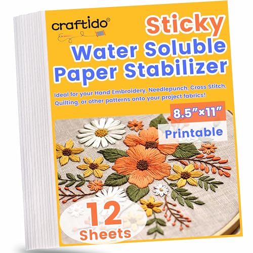 Craftido 8.5"x11" 12PCS Sticky Water Soluble Embroidery Stabilizer Printable Dissolving Paper Medium Weight Allowed for Print or Draw Patterns Best for Hand & Machine Embroidery - Image 1