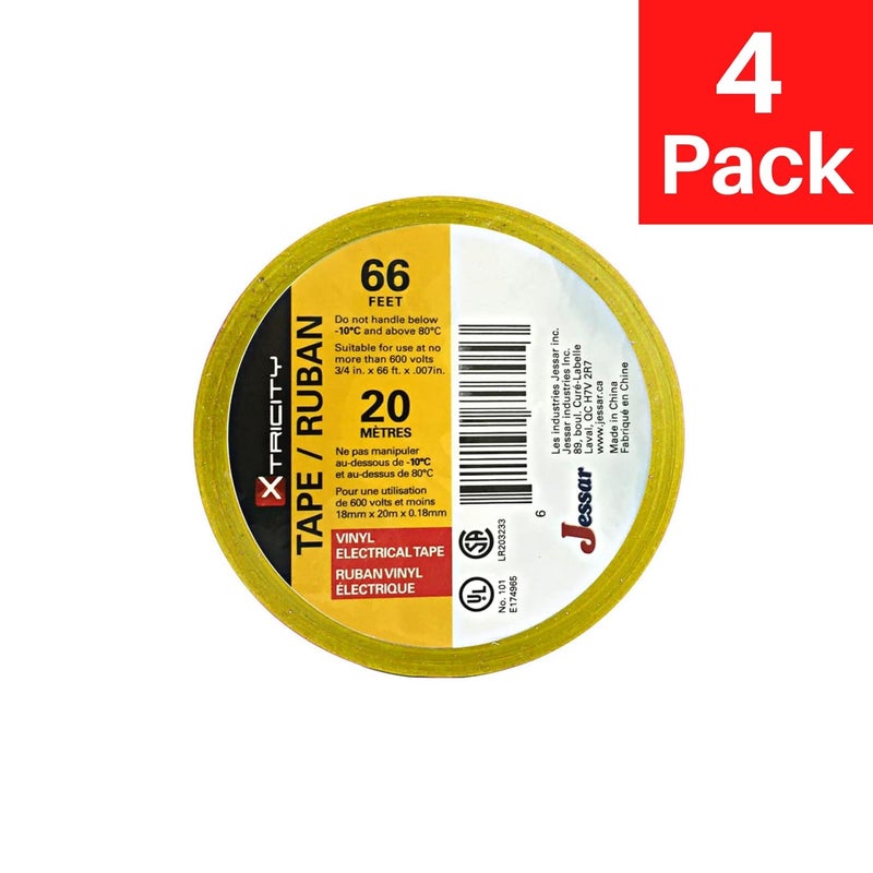 Xtricity Vinyl Yellow Electrical Tape 3/4 inch x 66 Ft for Electrical Insulation, Wire Bundling and DIY Repairs – Durable, Stretchy, General Purpose – Up to 600V (4 Pack) - Image 2