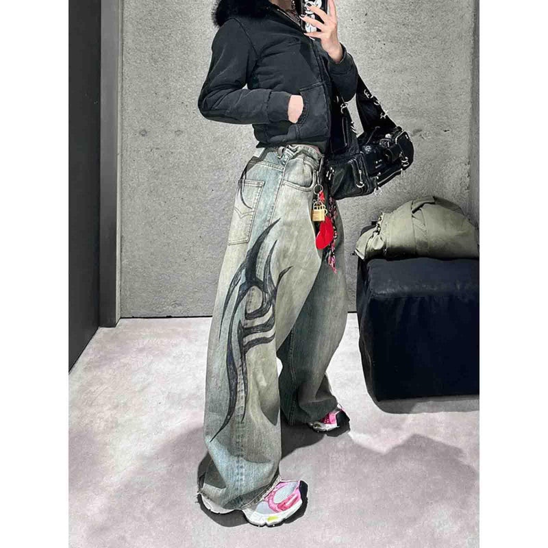 Ethbox Men's and Women's Y2K Streetwear Loose Jeans Retro Totem Print Gothic Pants high Waist Wide Leg Harajuku Hip-hop Pants (Blue,Large) - Image 4
