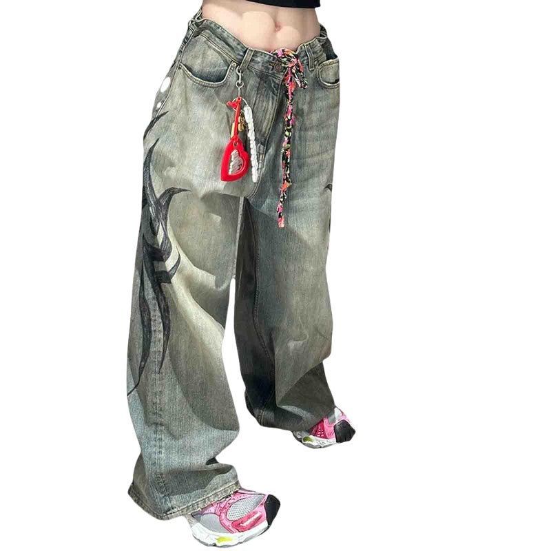 Ethbox Men's and Women's Y2K Streetwear Loose Jeans Retro Totem Print Gothic Pants high Waist Wide Leg Harajuku Hip-hop Pants (Blue,Large) - Image 1