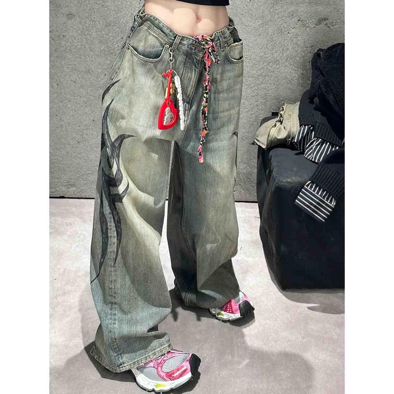 Ethbox Men's and Women's Y2K Streetwear Loose Jeans Retro Totem Print Gothic Pants high Waist Wide Leg Harajuku Hip-hop Pants (Blue,Large) - Image 5