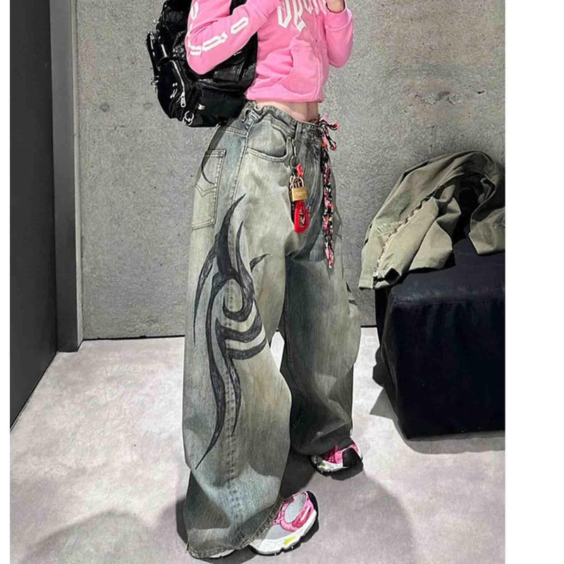 Ethbox Men's and Women's Y2K Streetwear Loose Jeans Retro Totem Print Gothic Pants high Waist Wide Leg Harajuku Hip-hop Pants (Blue,Large) - Image 2