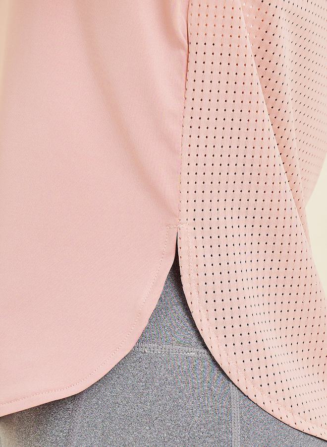 Curved Hem Sleeve and Full Back Textured Top