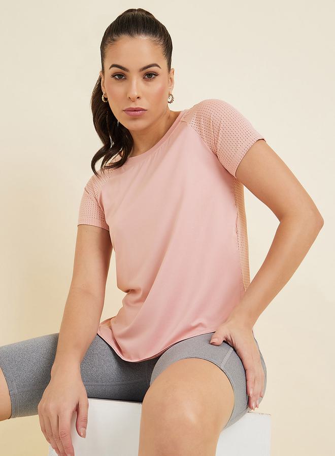 Curved Hem Sleeve and Full Back Textured Top