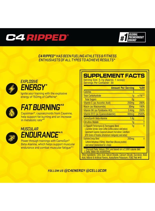C4 Cellucor C4 Ripped Pre Workout Powder Cherry Limeade | Creatine Free + Sugar Free Preworkout Energy Supplement for Men & Women | 150mg Caffeine + Beta Alanine| 30 Servings - Image 2