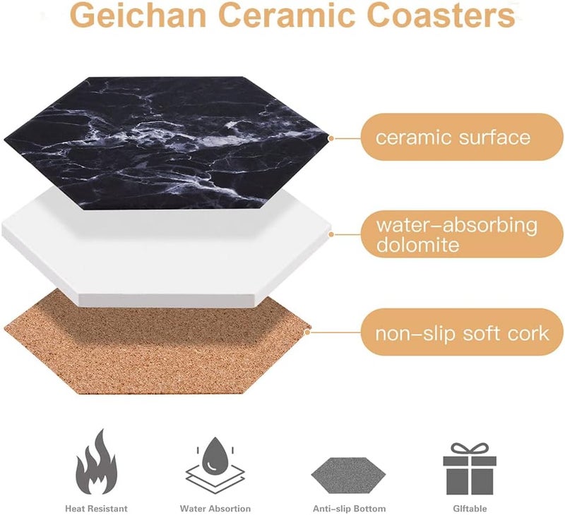 Geichan Black Coasters,Coaster for Drinks, Absorbent Marble Coasters with Metal holder for Various Cups, Tables and Home Decor - Image 5