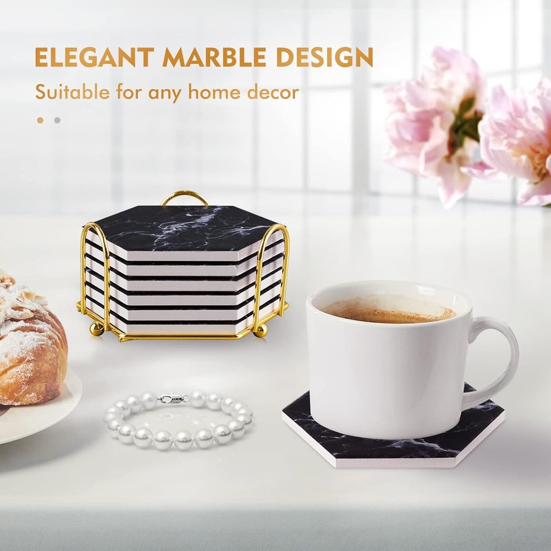 Geichan Black Coasters,Coaster for Drinks, Absorbent Marble Coasters with Metal holder for Various Cups, Tables and Home Decor - Image 2
