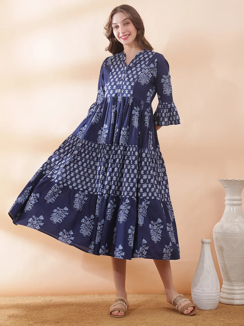 globus Globus Women Navy Blue Mandarin Collar Floral Print Gathered & Pleated Flared Hem A-Line Midi Dress