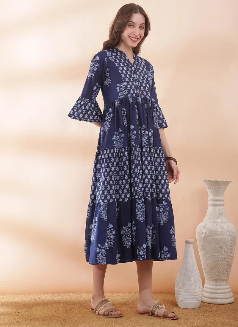 Globus  Globus Women's Navy Blue Floral Print Tiered Ethnic Dress with Mandarin Collar and Bell Sleeves for Women | Best Price UAE