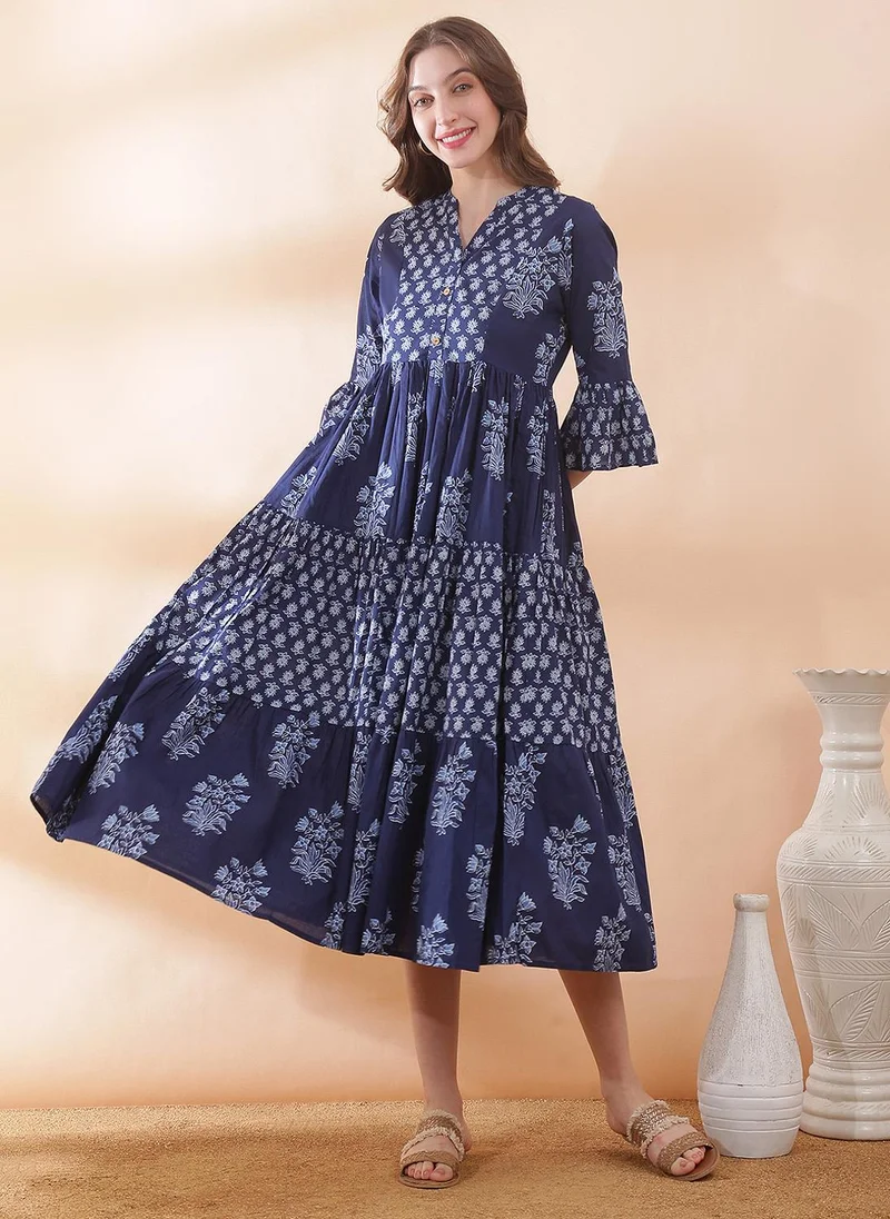 جلو باص Globus Women's Navy Blue Floral Print Tiered Ethnic Dress with Mandarin Collar and Bell Sleeves