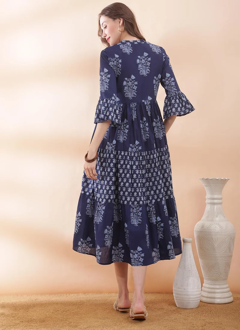 Globus  Globus Women's Navy Blue Floral Print Tiered Ethnic Dress with Mandarin Collar and Bell Sleeves for Women | Best Price UAE