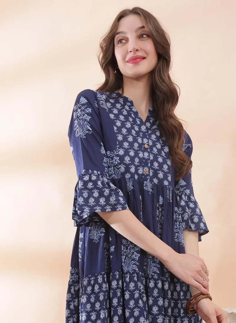 Globus  Globus Women's Navy Blue Floral Print Tiered Ethnic Dress with Mandarin Collar and Bell Sleeves for Women | Best Price UAE