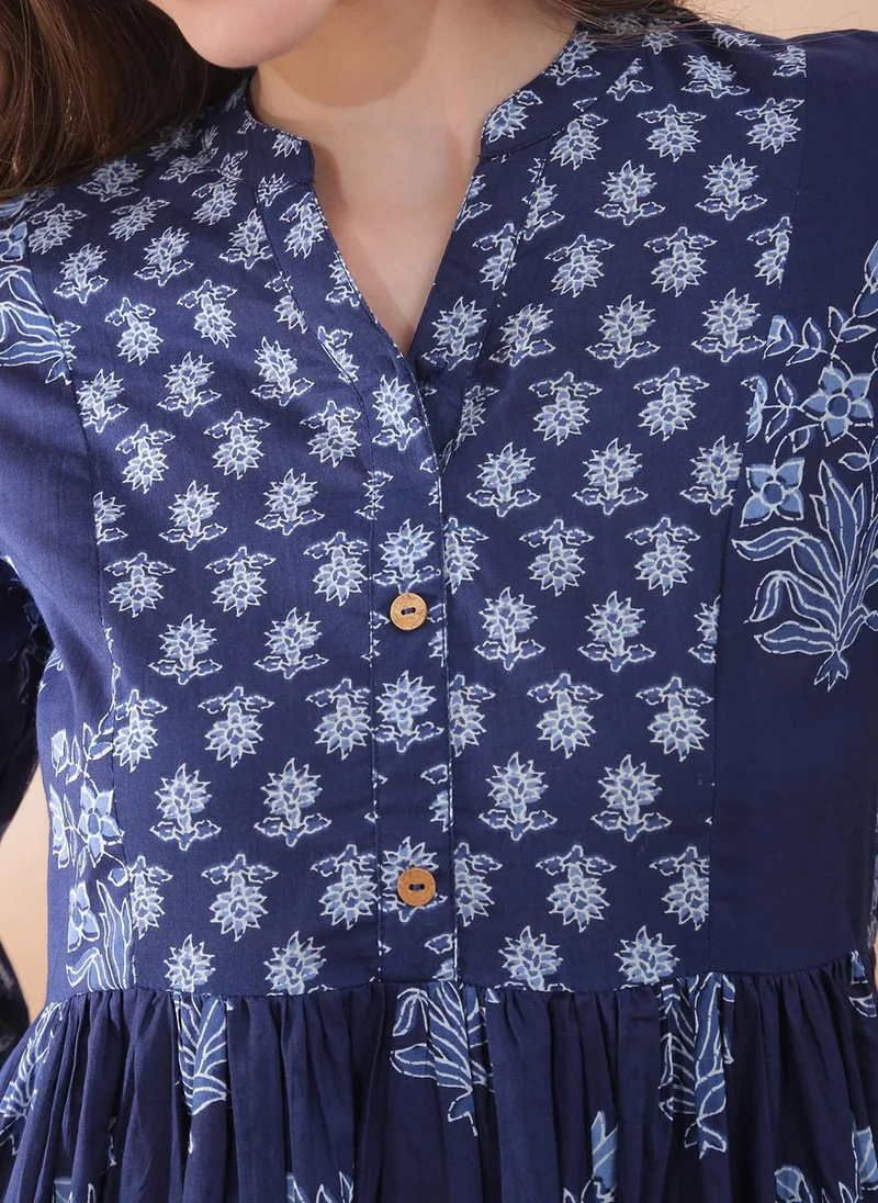 Globus  Globus Women's Navy Blue Floral Print Tiered Ethnic Dress with Mandarin Collar and Bell Sleeves for Women | Best Price UAE
