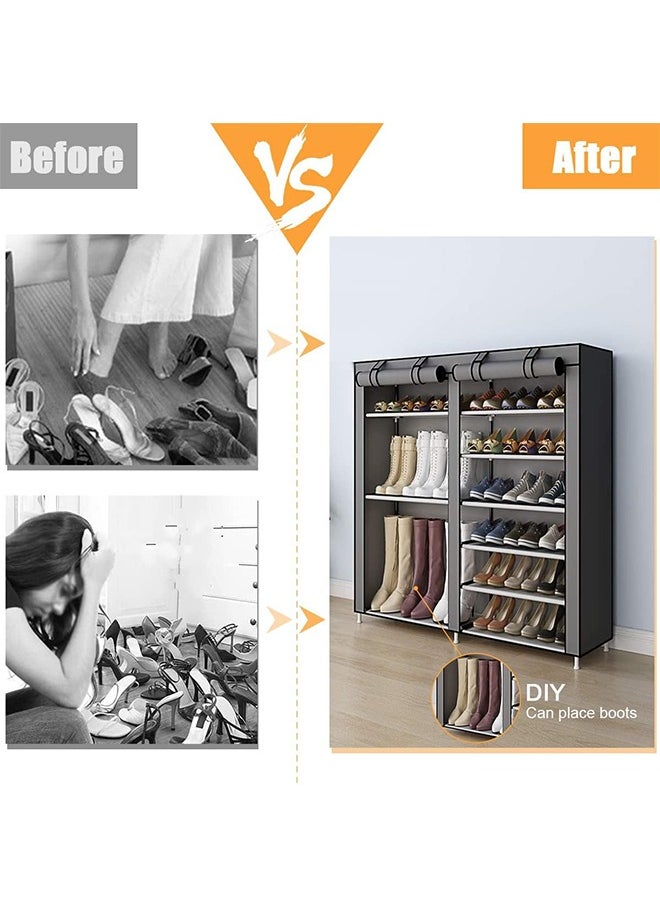 Double-Row Multi-Level Shelves Non-Woven Shoe Rack Storage Rack, Waterproof And Dustproof, Gray
