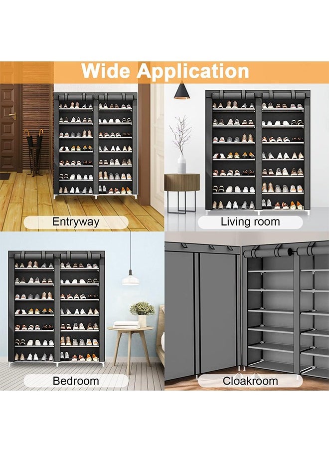 Double-Row Multi-Level Shelves Non-Woven Shoe Rack Storage Rack, Waterproof And Dustproof, Gray