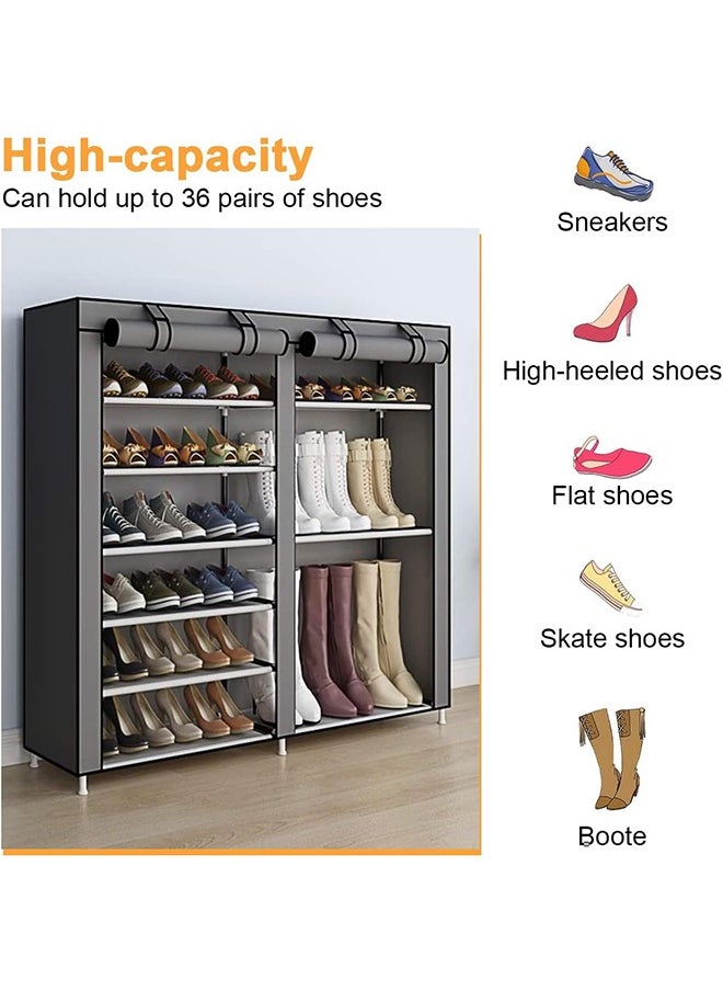 Double-Row Multi-Level Shelves Non-Woven Shoe Rack Storage Rack, Waterproof And Dustproof, Gray