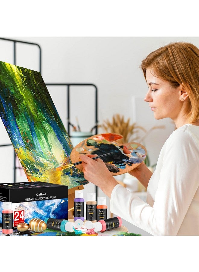 Caliart Metallic Acrylic Paint Set With 12 Brushes 24 Colors (59Ml 2Oz) Art Craft Paints For Artists Students Kids Beginners Halloween Decorations Canvas Ceramic Wood Rock Painting Art Supplies Kit - Image 5