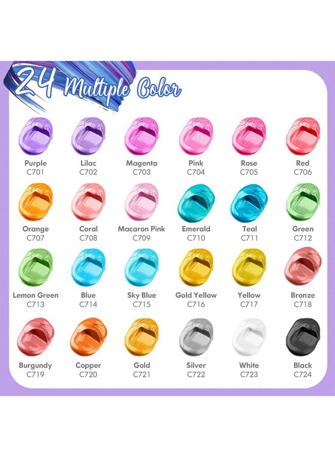 Caliart Metallic Acrylic Paint Set With 12 Brushes 24 Colors (59Ml 2Oz) Art Craft Paints For Artists Students Kids Beginners Halloween Decorations Canvas Ceramic Wood Rock Painting Art Supplies Kit - Image 2