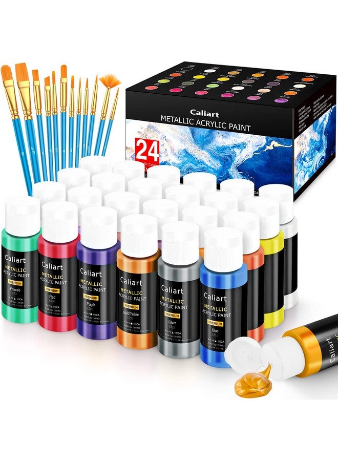 Caliart Metallic Acrylic Paint Set With 12 Brushes 24 Colors (59Ml 2Oz) Art Craft Paints For Artists Students Kids Beginners Halloween Decorations Canvas Ceramic Wood Rock Painting Art Supplies Kit - Image 1